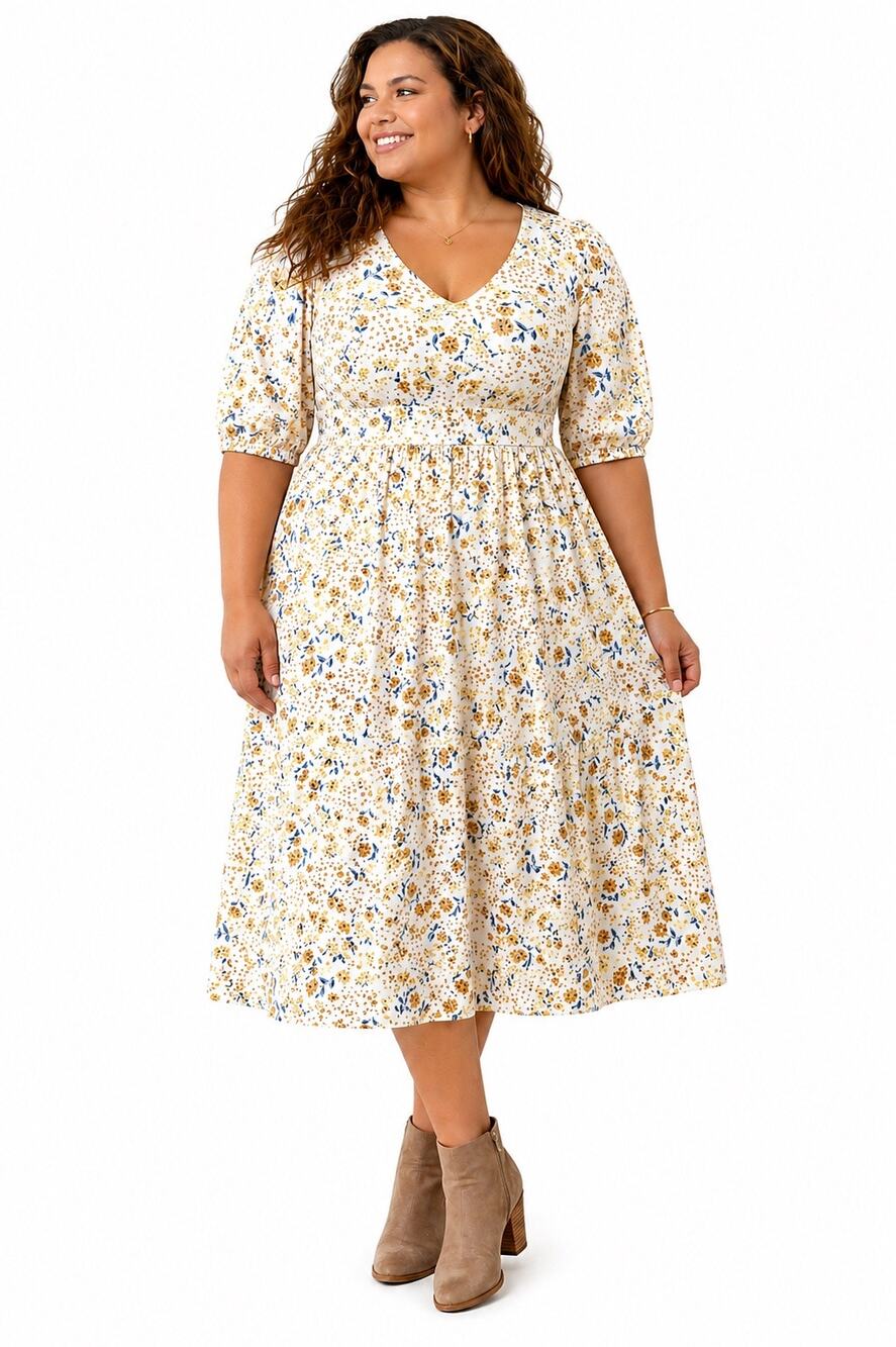 ELOQUII Floral Midi Dress Yellow White Empire Waist Cottagecore NWT | Size 20